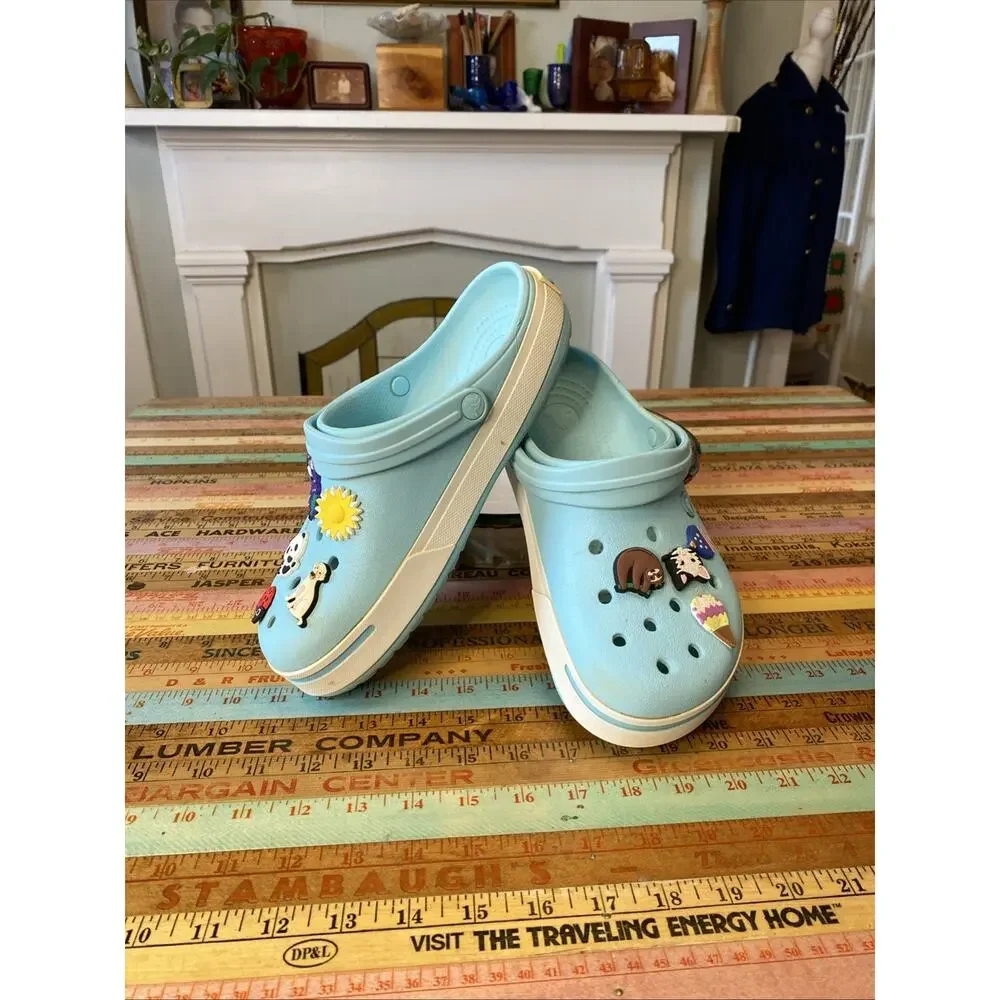 CROCS Crocband II Women's Size 10 Mens 8 Ice Blue White Clog w/ Jibbits